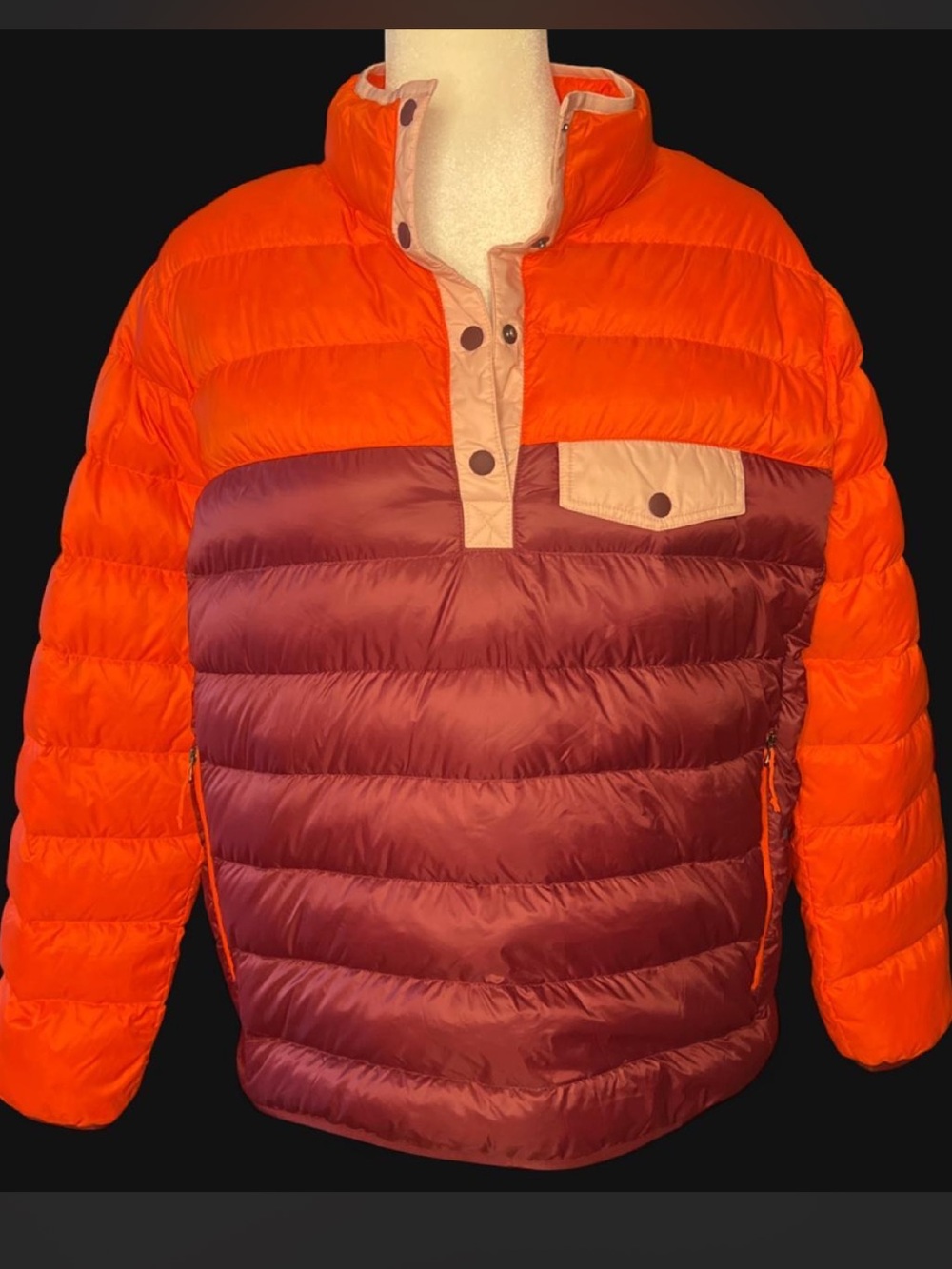 Eddie Bauer down filled Colorblock Puffer Pullover Jacket in Orange and Burgundy